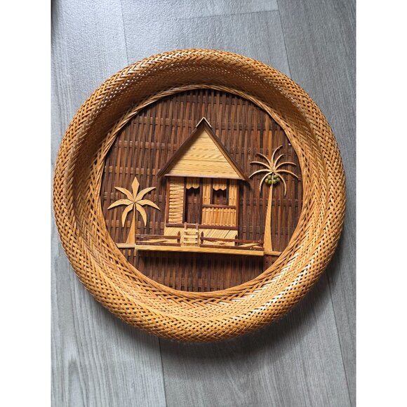 Set Of 3 Handcrafted Bamboo & Rattan Wall Decor Tropical Hut & Palm Tree Design - Picture 3 of 13
